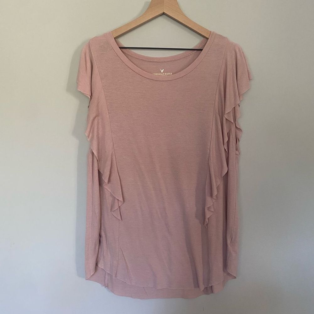 American Eagle Large Light Pink Short Sleeve Shirt Ruffle Top